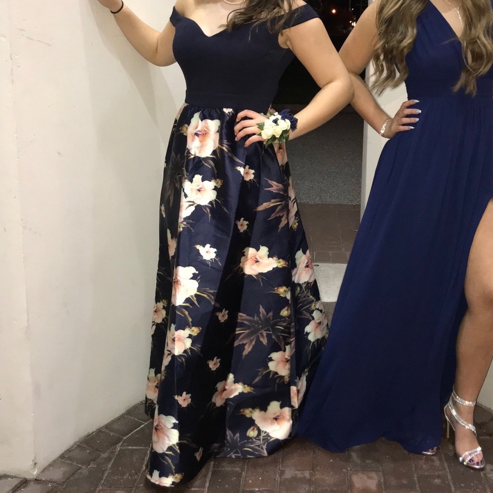 long navy blue dress with floral skirt